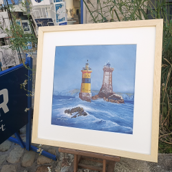 Markolero - Le Phare de la Vieille et la Balise de la Plate - 40x40 cm - encadrement bois clair