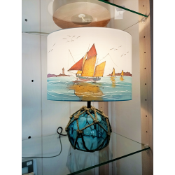 Ovale 30 bateau de peche + pied boule en verre bleue