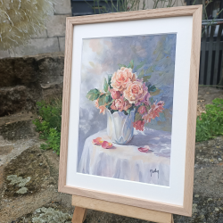 JM Misslen - Roses anciennes dans un vase  - encadrement